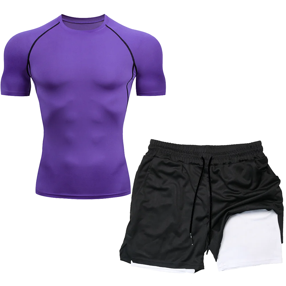 Compression Set Running Sport Fitness Suit for Men Quick Dry Compression Shirt+Gym Shorts 2PCS Workout Summer Sportwear