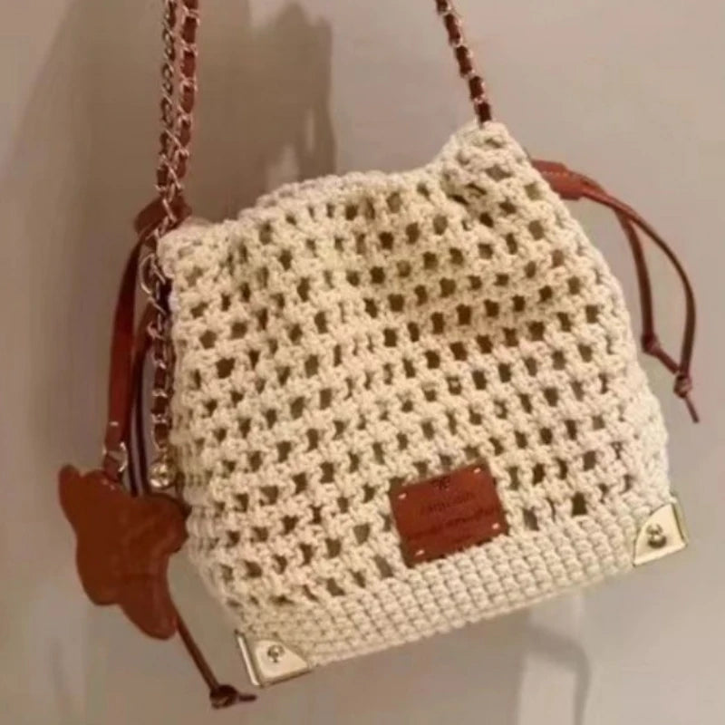 Women's Chic Summer Knit Crossbody Bag with Adjustable Strap  Versatile Commuter Handbag with Polyester Lining