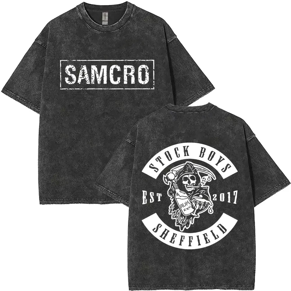 Limited Anarchy Son Samcro Vintage Wash T-shirt Men's and Women's Skeleton Hip Hop Rock Casual T-shirt Short Sleeve Top