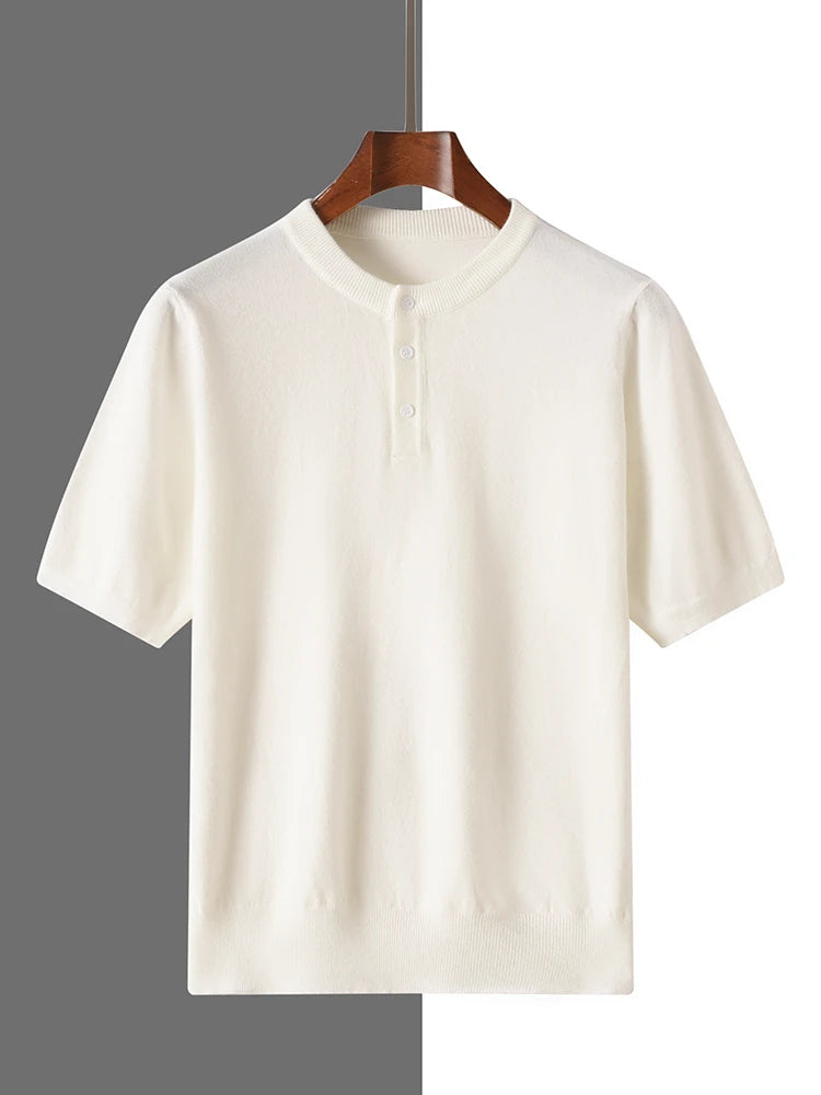 2025 Summer Men's Henley Neck Knitted Solid Color Male Tops T-shirts Comfortable Breathable Short-Sleeved Tee for Casual Wear