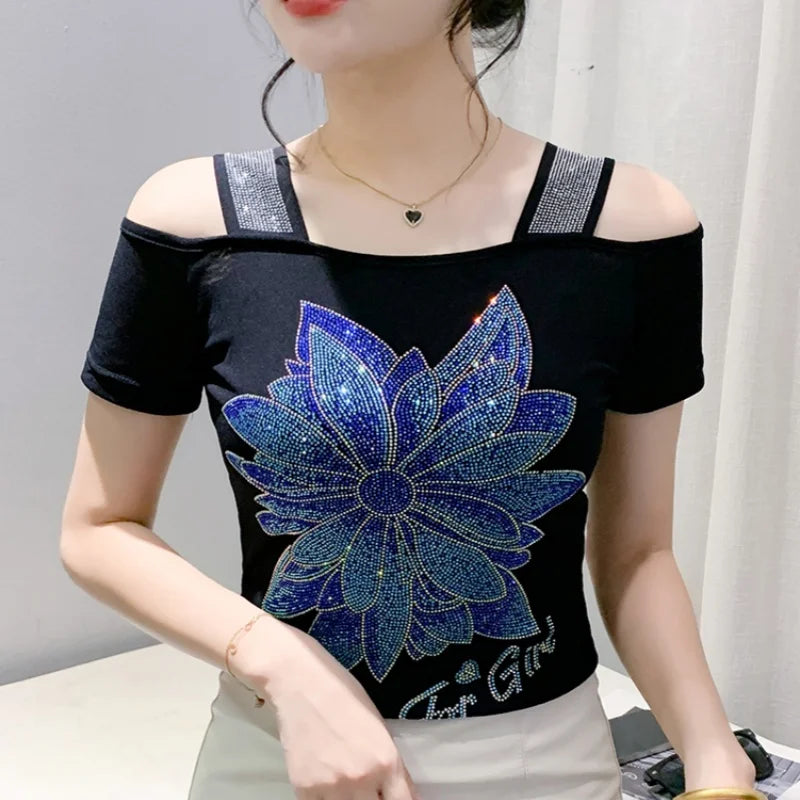 M-3XL Streetwear Luxury Flower Hot Diamonds T-Shirt Women Summer Fashion Sexy Off Shoulder Slim Mesh Tops Female Chic Tees