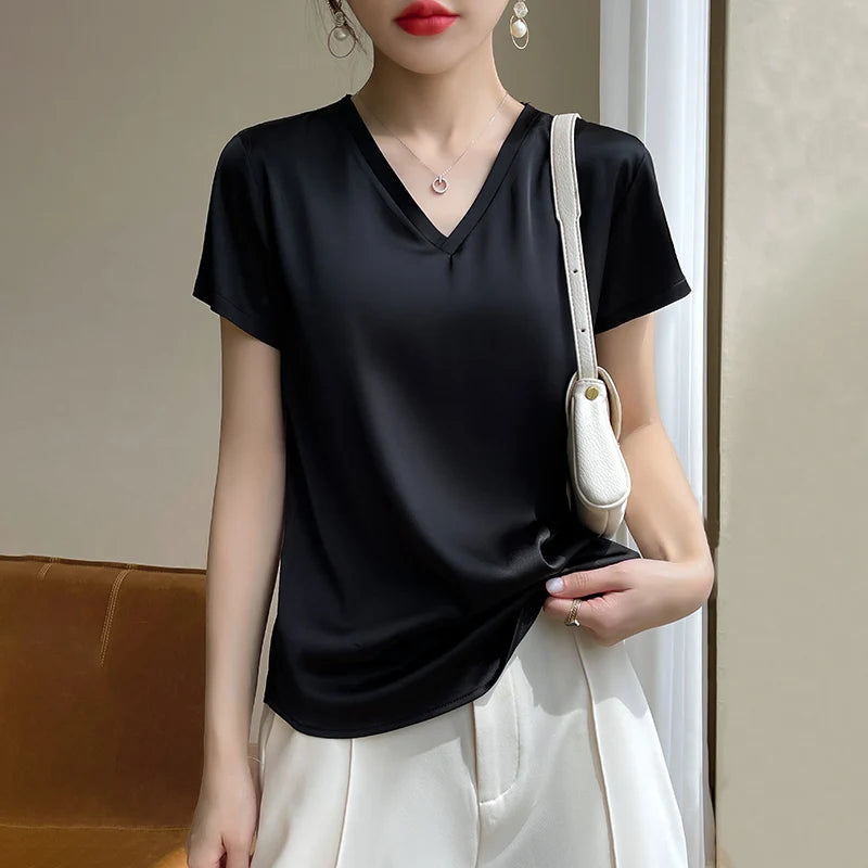 2024 Summer Basic Solid Women's T-Shirts V-Neck Short Sleeve Tees Tops  Satin Silk Elegant Thin Shirts for Female