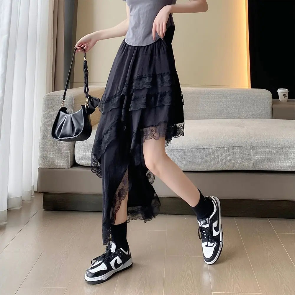 Korean Fashion Summer Women's Elastic Waist Solid Color Lace Hollow Out Patchwork Asymmetrical Sweet High Waist Mid-length Skirt