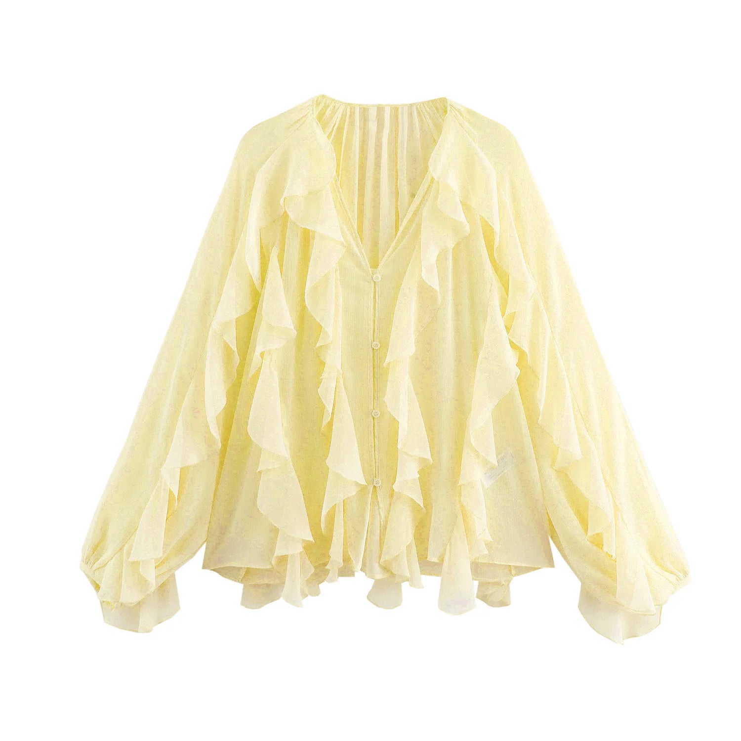 VEITCHE Spring Summer Women Fashion Casual Ruffles Blouses Semi-sheer Loose V Neck Tiered Single Breasted Solid Color Chic Tops