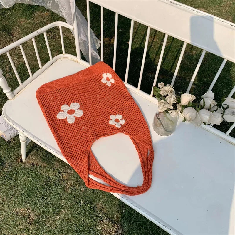 Ins Fashion Sweet Flower Knitted Hollow Tote Bag Large Capacity Shopping Bag Ladies Simple Retro Shoulder Bag Handbag for Women