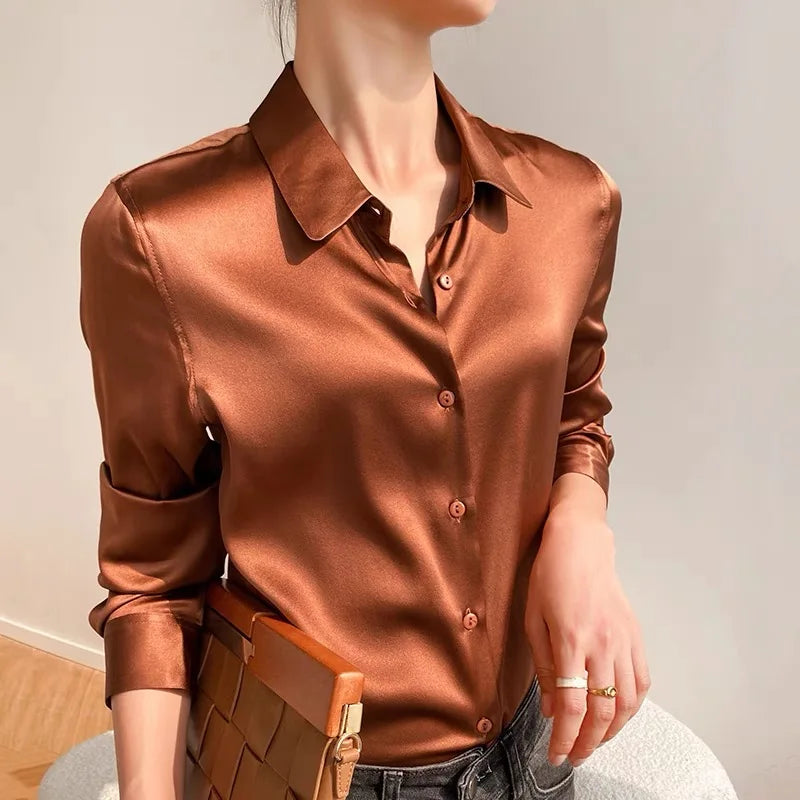 Spring Autumn Elagant Satin Women's Blouse 2025 New Long Sleeve Turn-down Collar Korean Casual Loose Office Lady Shirts Female