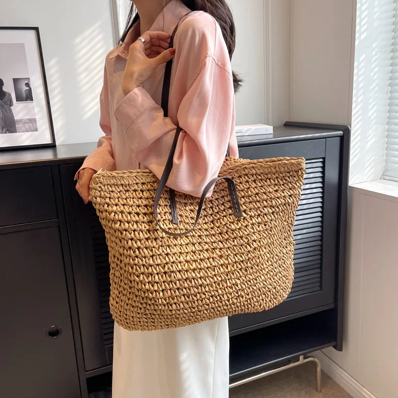 Straw Woven Tote Bags Casual Large Luxury Design Capacity Handbag Beach Shoulder Simple Women's Bag Style Shopping Summer bolsos