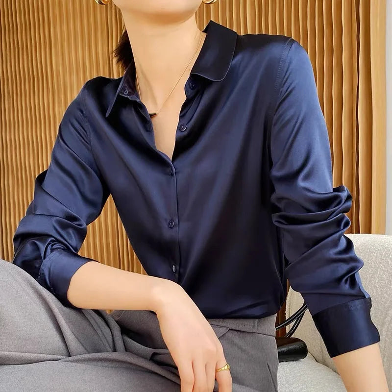 Spring Autumn Elagant Satin Women's Blouse 2025 New Long Sleeve Turn-down Collar Korean Casual Loose Office Lady Shirts Female