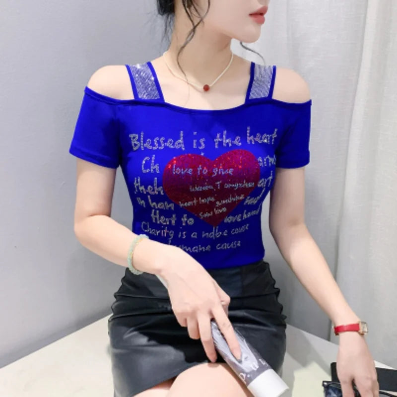 M-3XL Streetwear Luxury Flower Hot Diamonds T-Shirt Women Summer Fashion Sexy Off Shoulder Slim Mesh Tops Female Chic Tees