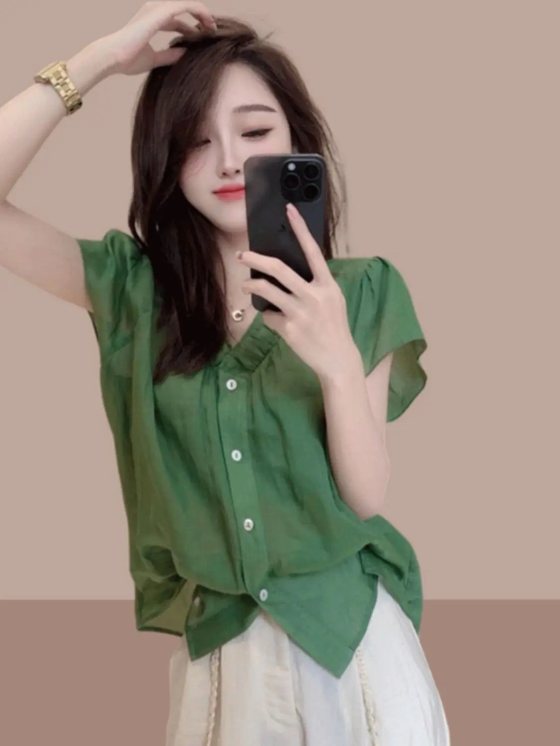 Summer new women's short-sleeved shirt, French stylish blouse, small flutter sleeves, versatile slim-fit top