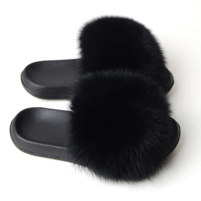 Real Fox Fur Slippers Women Fluffy Slippers With Fur Fashion Beach Shoes Plus Size Shoes Natural Fur Slippers Woman Home Slipper