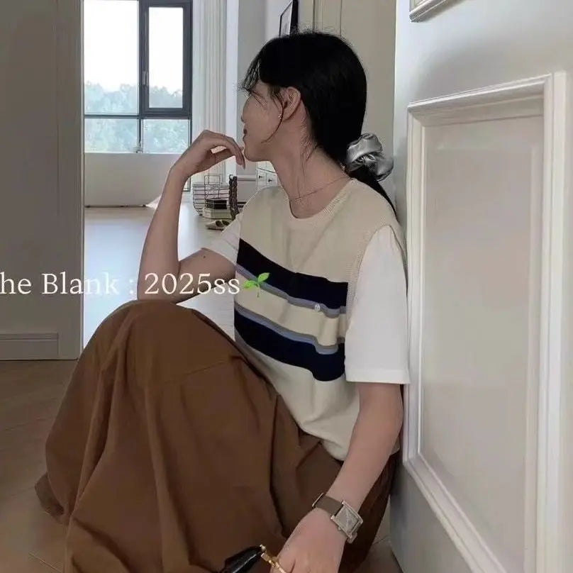 Korean Striped Fake Two-piece Knitted Short Sleeve Shoulder T-shirt for Women in Summer Loose Short Top