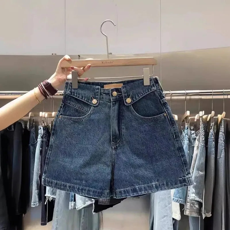 2025 Summer Denim Shorts Women's Trendy Versatile High-Waisted Loose-Fit Straight-Leg Casual Mid-Length Wide-Leg Vintage Pants