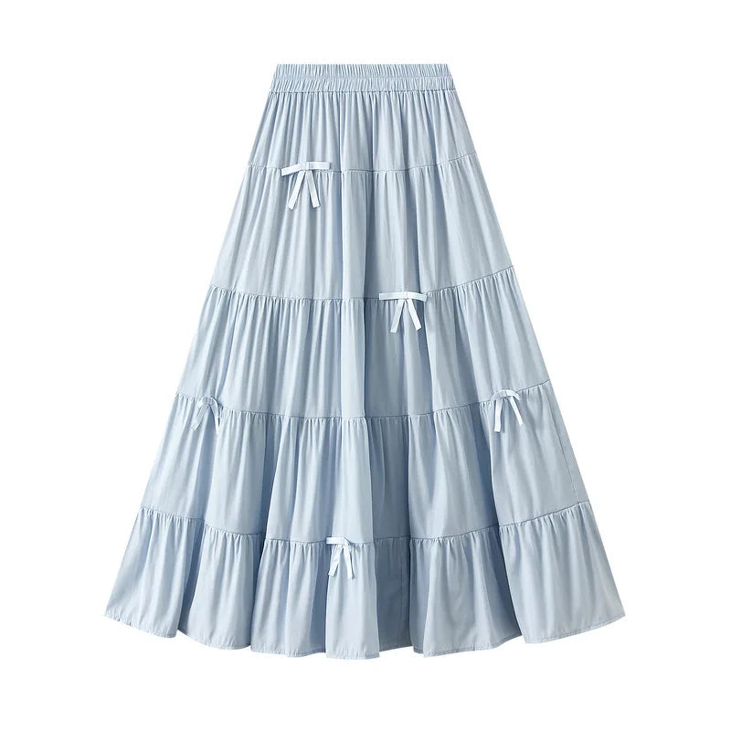 Summer Blue Long Skirts for Women Elastic High Waist Bow Cake Skirts Ladies Loose A-line Midi Skirts Korean Preppy Style Skirts