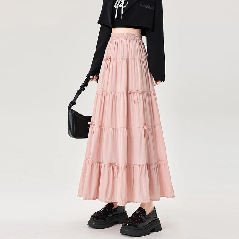Summer Blue Long Skirts for Women Elastic High Waist Bow Cake Skirts Ladies Loose A-line Midi Skirts Korean Preppy Style Skirts