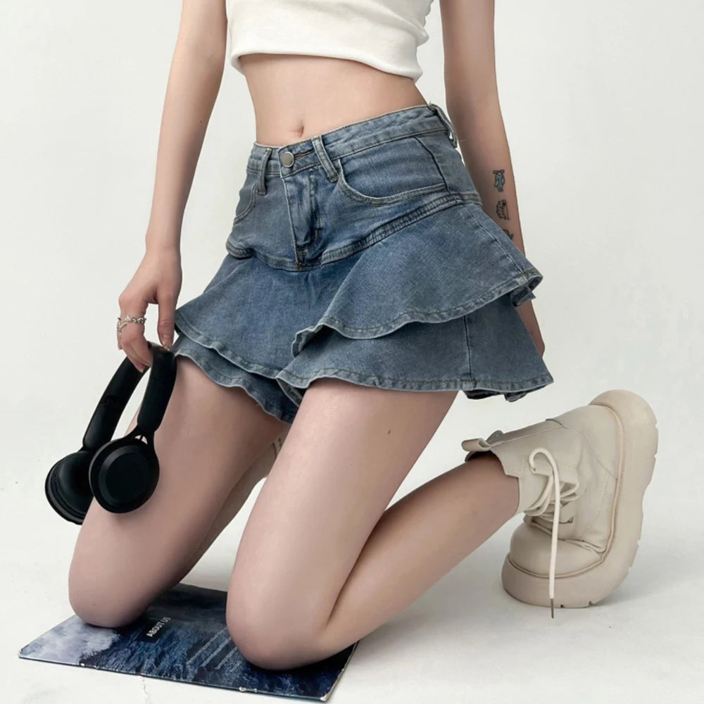 Vintage Denim Skirt Shorts Women Summer Korean Fashion High Waist A-line Wash Blue Slim Cute Sexy Mini Jeans Ruffle Skirt Female