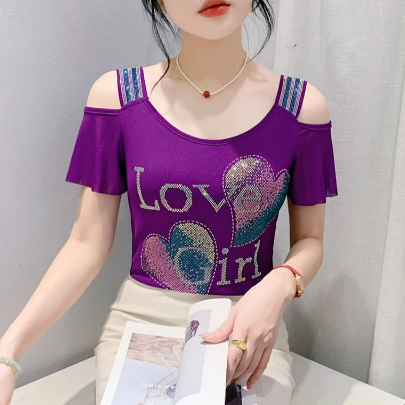 M-3XL Streetwear Luxury Flower Hot Diamonds T-Shirt Women Summer Fashion Sexy Off Shoulder Slim Mesh Tops Female Chic Tees