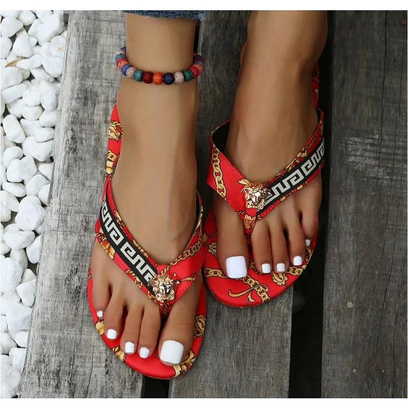 Sexy Flip-Flops Women's Slippers Fashion Fashion Printing Flat Flip-Flops Outdoor Slippers Flat Slippers Women's Large Size 43