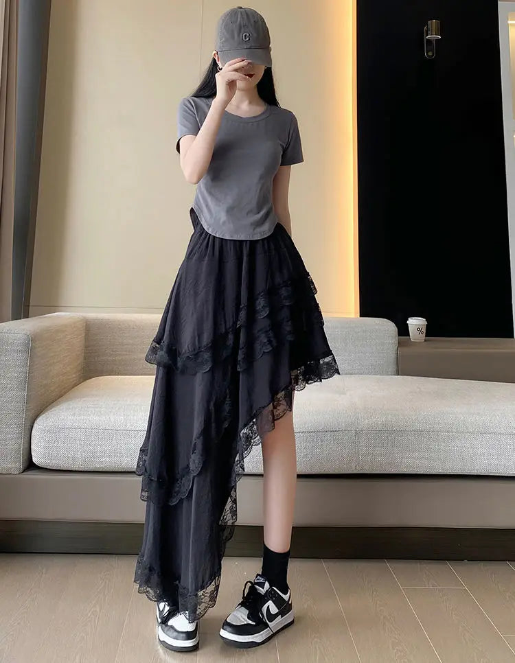 Korean Fashion Summer Women's Elastic Waist Solid Color Lace Hollow Out Patchwork Asymmetrical Sweet High Waist Mid-length Skirt