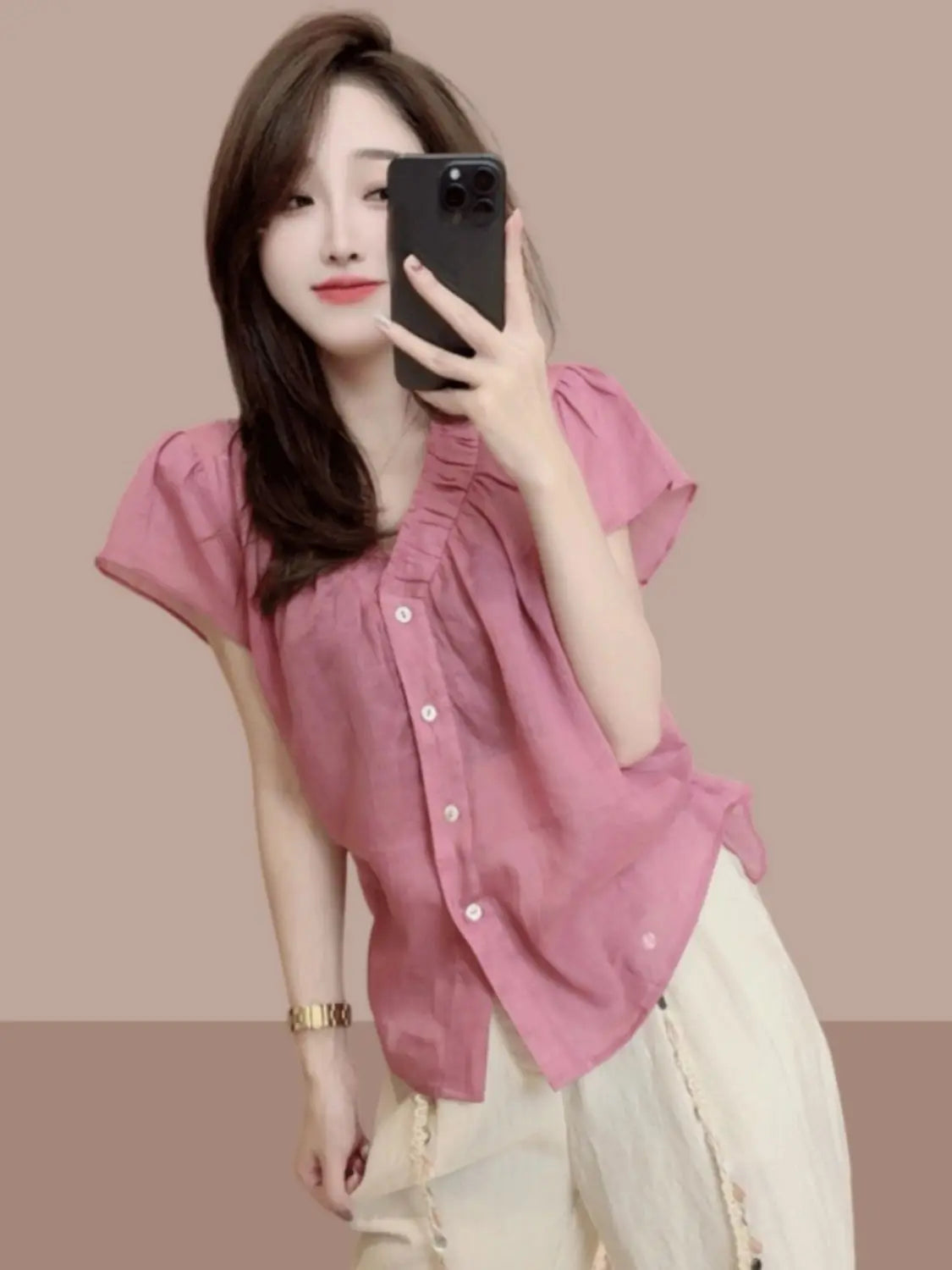 Summer new women's short-sleeved shirt, French stylish blouse, small flutter sleeves, versatile slim-fit top