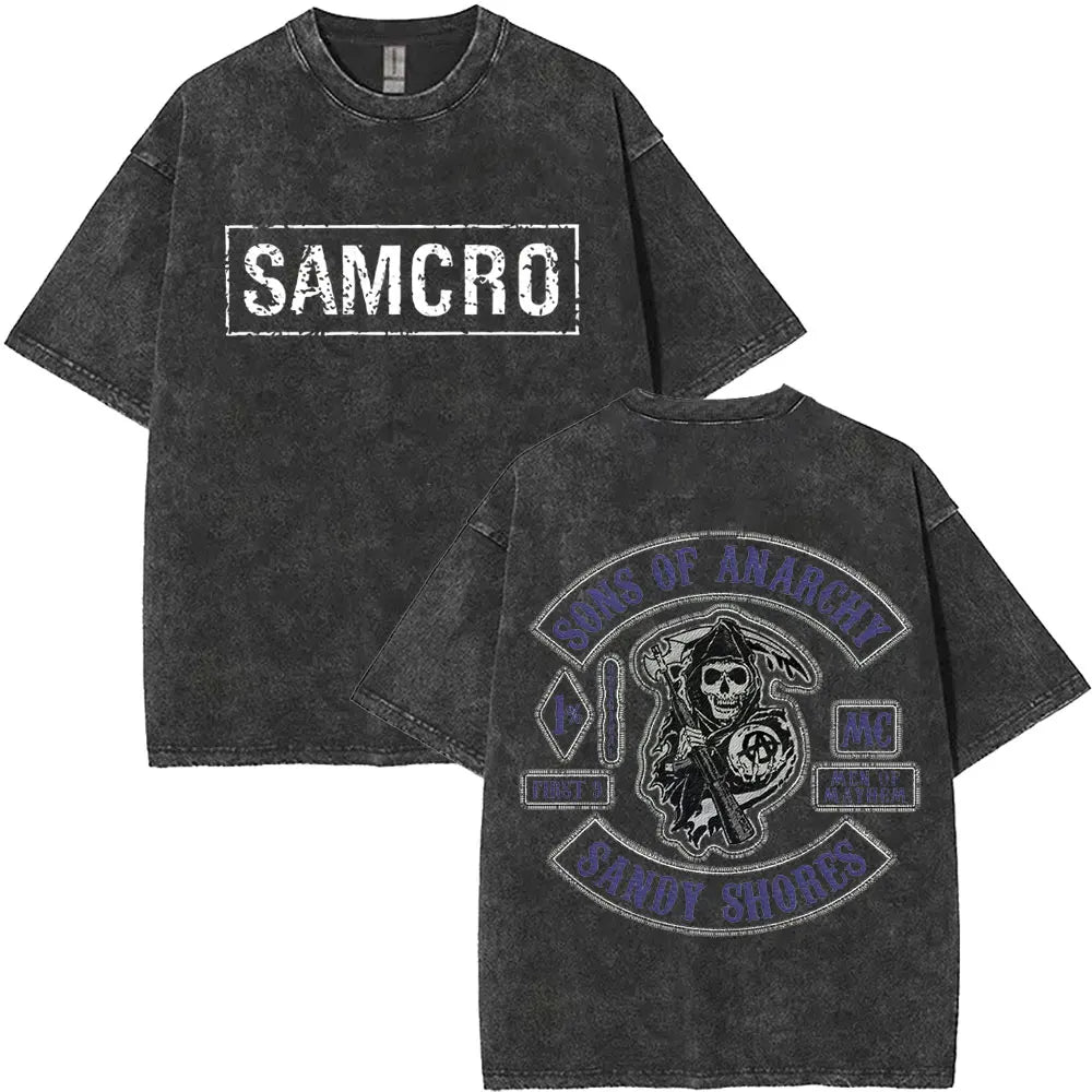 Limited Anarchy Son Samcro Vintage Wash T-shirt Men's and Women's Skeleton Hip Hop Rock Casual T-shirt Short Sleeve Top