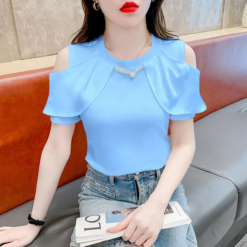 New Chinese Style 2025 Summer New Short-sleeved T-shirt Women Top Off-shoulder Chic Versatile Pullover