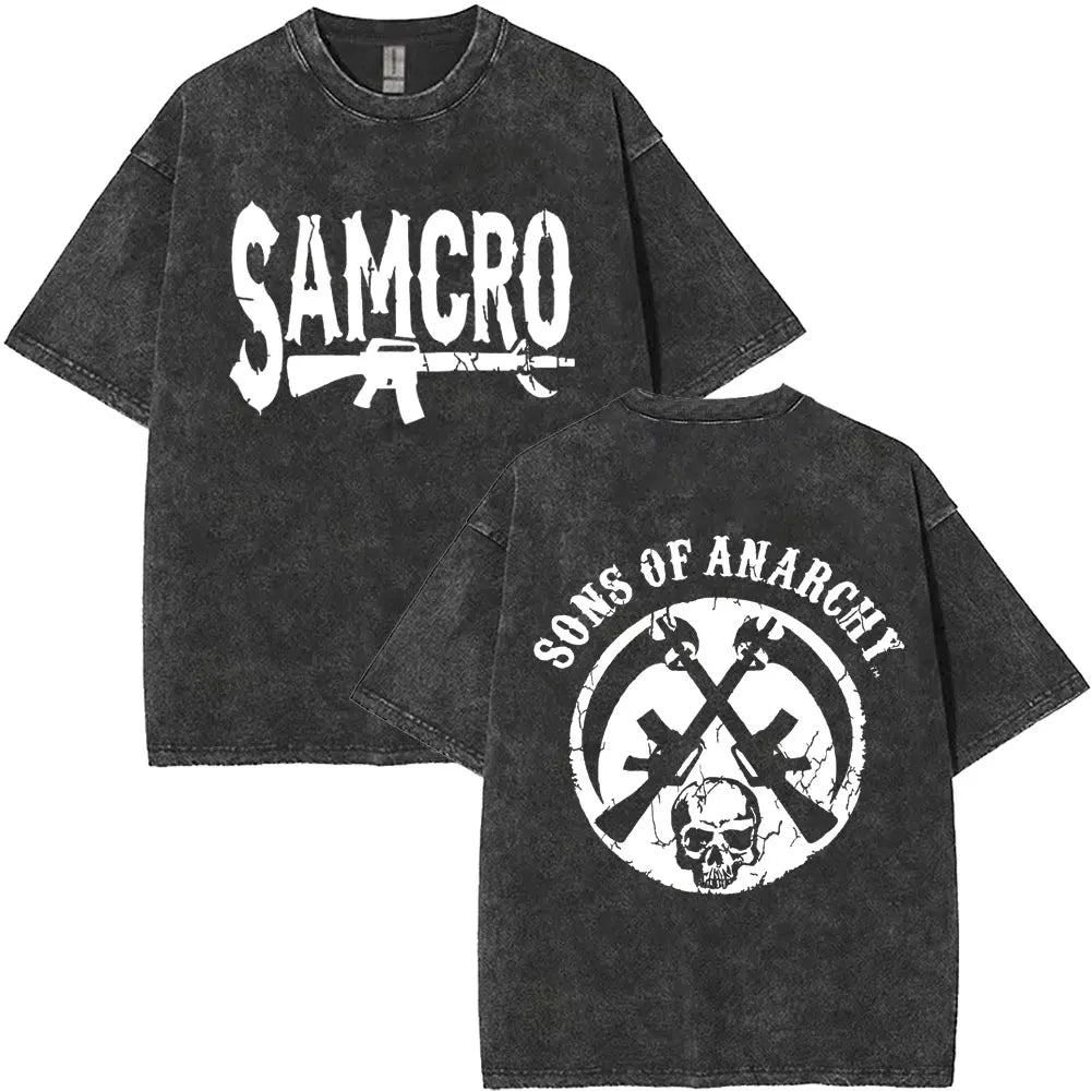 Limited Anarchy Son Samcro Vintage Wash T-shirt Men's and Women's Skeleton Hip Hop Rock Casual T-shirt Short Sleeve Top