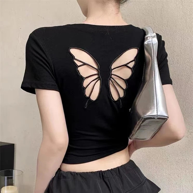 Fashion Women T-shirt Short Sleeve O Neck Solid Slim Fit Ladies Crop Top Butterfly Hollow Backless for Casual Tops Summer 2024