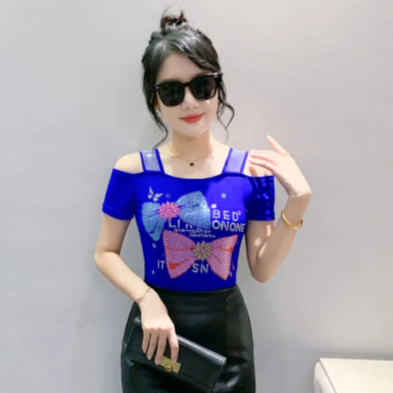 M-3XL Streetwear Luxury Flower Hot Diamonds T-Shirt Women Summer Fashion Sexy Off Shoulder Slim Mesh Tops Female Chic Tees