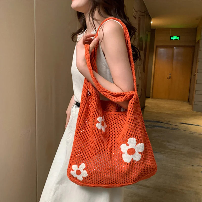 Ins Fashion Sweet Flower Knitted Hollow Tote Bag Large Capacity Shopping Bag Ladies Simple Retro Shoulder Bag Handbag for Women