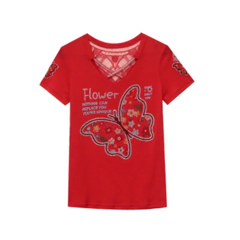 M-3XL Streetwear Luxury Flower Hot Diamonds T-Shirt Women Summer Fashion Sexy Off Shoulder Slim Mesh Tops Female Chic Tees