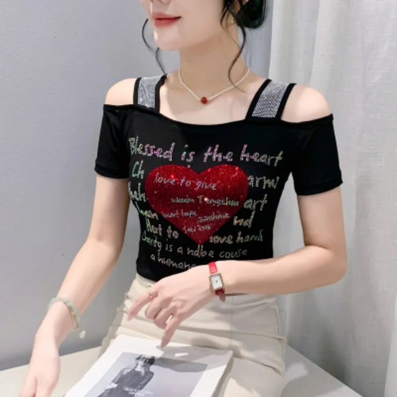 M-3XL Streetwear Luxury Flower Hot Diamonds T-Shirt Women Summer Fashion Sexy Off Shoulder Slim Mesh Tops Female Chic Tees