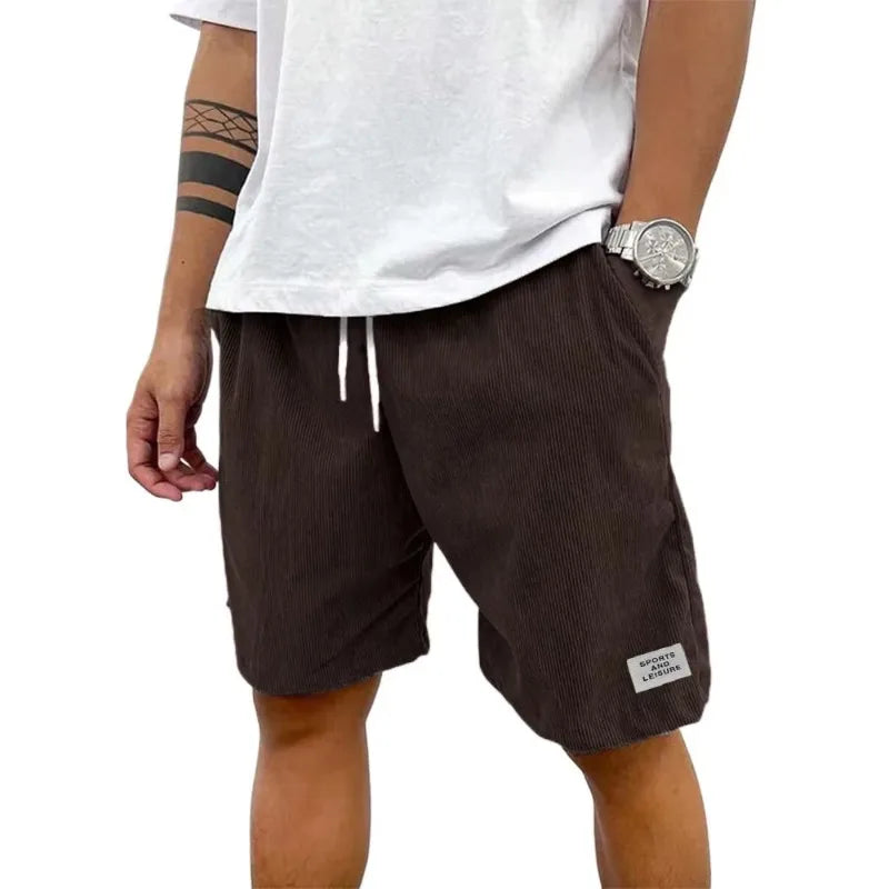 Summer Men's Solid Corduroy Shorts with Drawstring Casual Elastic Waist Fit for Outdoor Daily Activities Streetwear