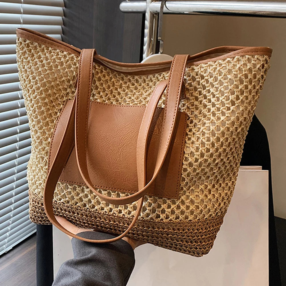 Women Straw Crochet Beach Handbag PU Patchwork Simple Shoulder Bag Contrast Color Minimalist Tote Bag Ladies Summer Bag