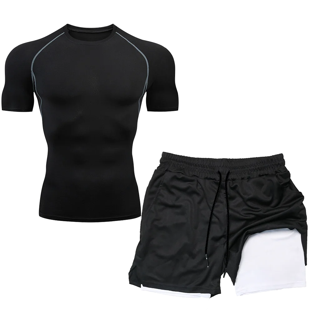 Compression Set Running Sport Fitness Suit for Men Quick Dry Compression Shirt+Gym Shorts 2PCS Workout Summer Sportwear