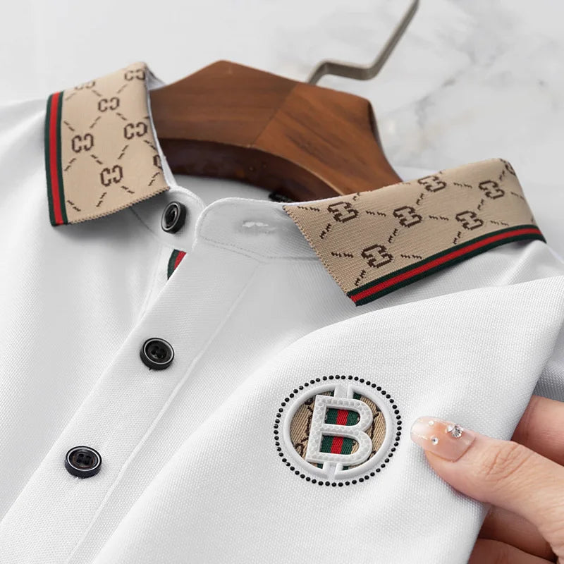 Summer new men's short sleeve luxury custom exquisite embroidery polo shirt high-quality silk cotton T-shirt business casual top