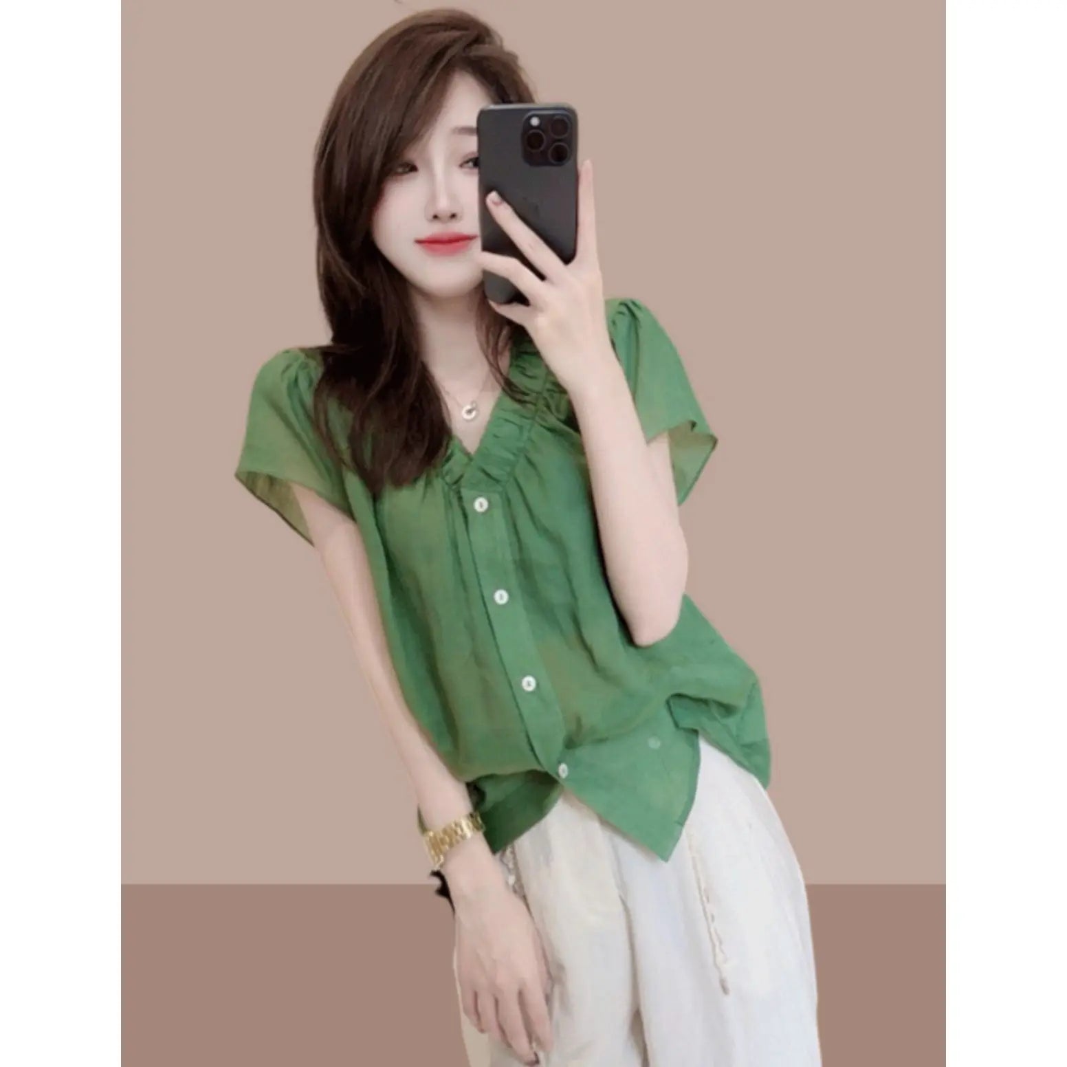 Summer new women's short-sleeved shirt, French stylish blouse, small flutter sleeves, versatile slim-fit top