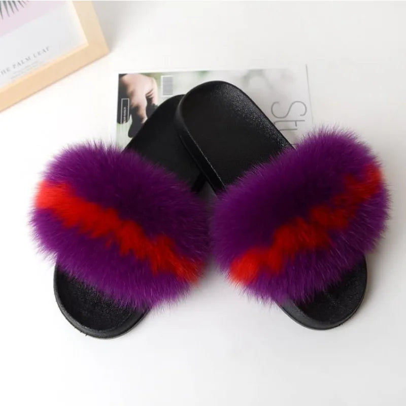Real Fox Fur Slippers Women Fluffy Slippers With Fur Fashion Beach Shoes Plus Size Shoes Natural Fur Slippers Woman Home Slipper