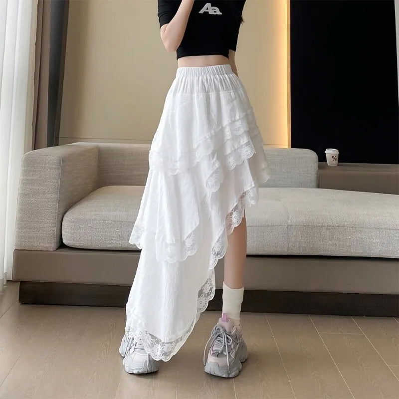 Korean Fashion Summer Women's Elastic Waist Solid Color Lace Hollow Out Patchwork Asymmetrical Sweet High Waist Mid-length Skirt