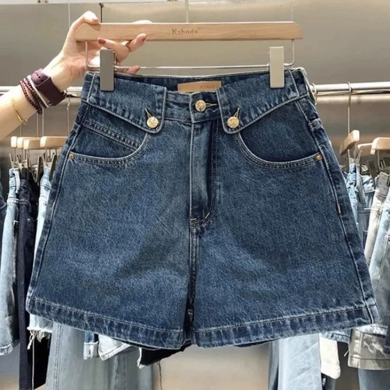 2025 Summer Denim Shorts Women's Trendy Versatile High-Waisted Loose-Fit Straight-Leg Casual Mid-Length Wide-Leg Vintage Pants
