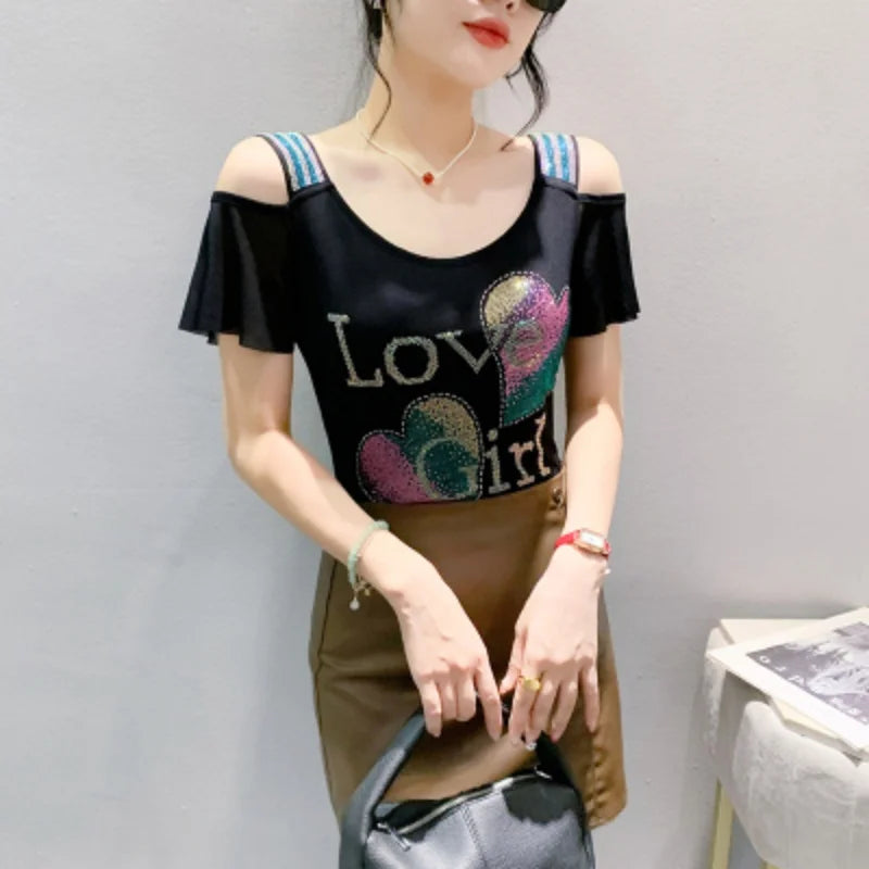 M-3XL Streetwear Luxury Flower Hot Diamonds T-Shirt Women Summer Fashion Sexy Off Shoulder Slim Mesh Tops Female Chic Tees