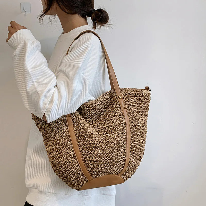 Casual Women's Underarm Shoulder Bag Luxury Design Straw Woven Large Capacity  Fashion Hobo Handbag Summer Beach BagShopper Tote