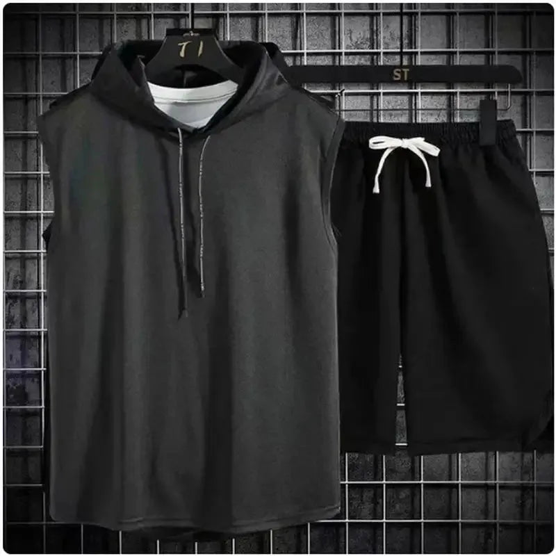 2024 New Men's Oversized Tracksuit Set Sleeveless Hood T Shirts Shorts Pants Sports Vest 2 Piece Suits Summer Gym Workout Hoodie