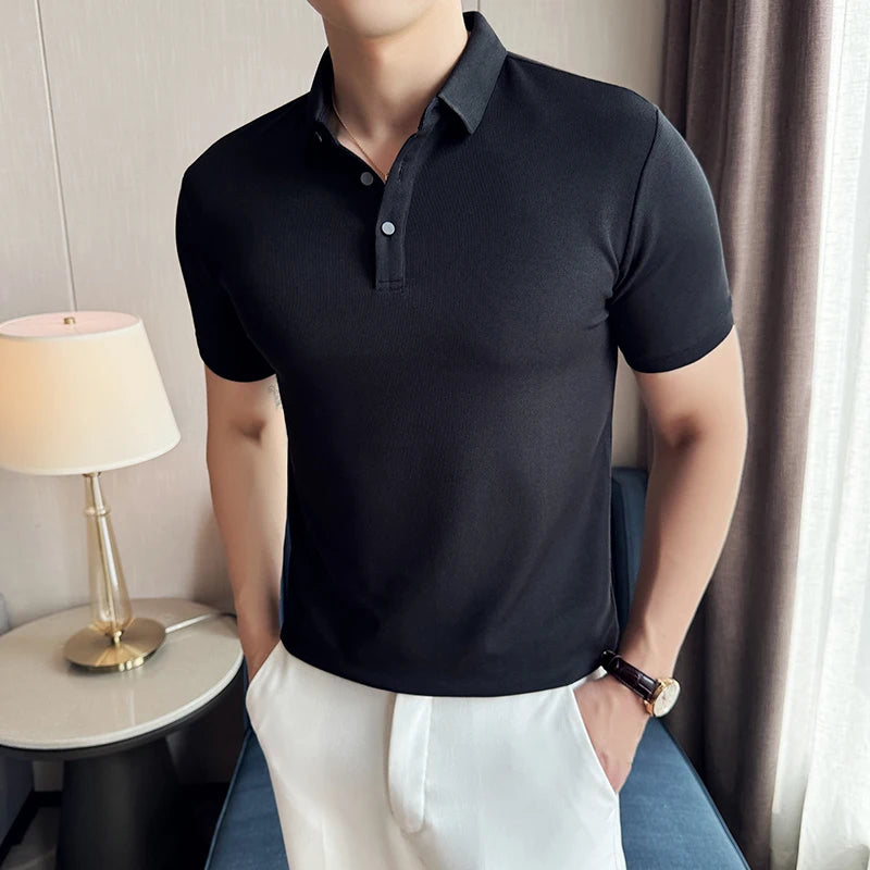 Solid Color Men's Business-casual POLO Shirt, Slim-fit Stretchable Polo Shirt with Polo Collar, Short Sleeve T-shirt for Summer.