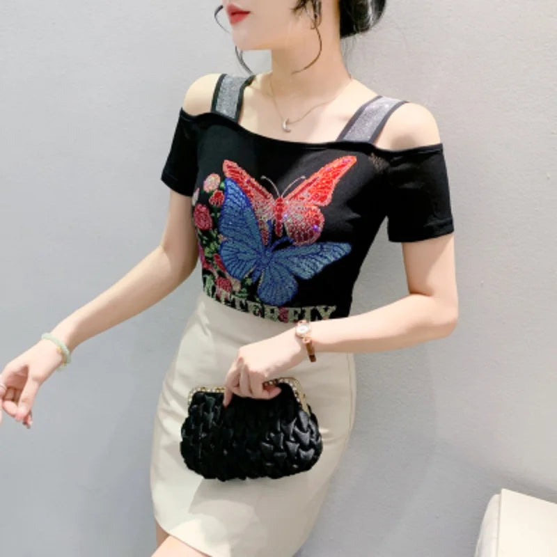 M-3XL Streetwear Luxury Flower Hot Diamonds T-Shirt Women Summer Fashion Sexy Off Shoulder Slim Mesh Tops Female Chic Tees