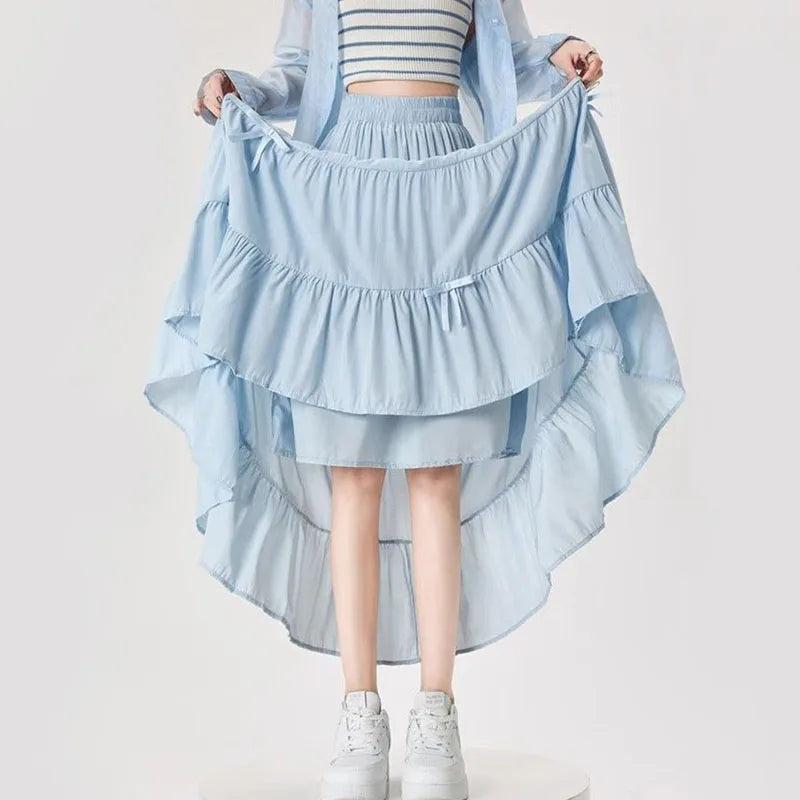 Summer Blue Long Skirts for Women Elastic High Waist Bow Cake Skirts Ladies Loose A-line Midi Skirts Korean Preppy Style Skirts