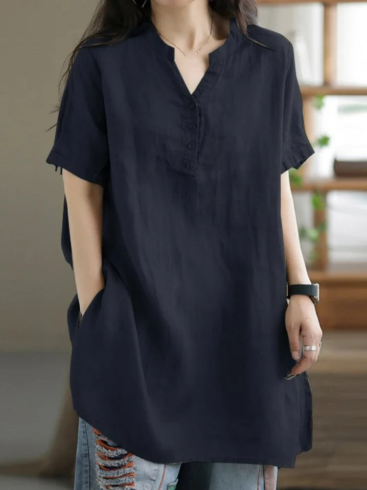 2024 Summer Fashion Cotton and Hemp Women's Shirt Commuting Style Casual Half Open Short Sleeve Casual Shirt Top