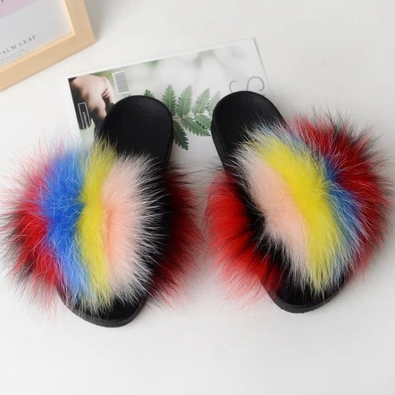 Real Fox Fur Slippers Women Fluffy Slippers With Fur Fashion Beach Shoes Plus Size Shoes Natural Fur Slippers Woman Home Slipper