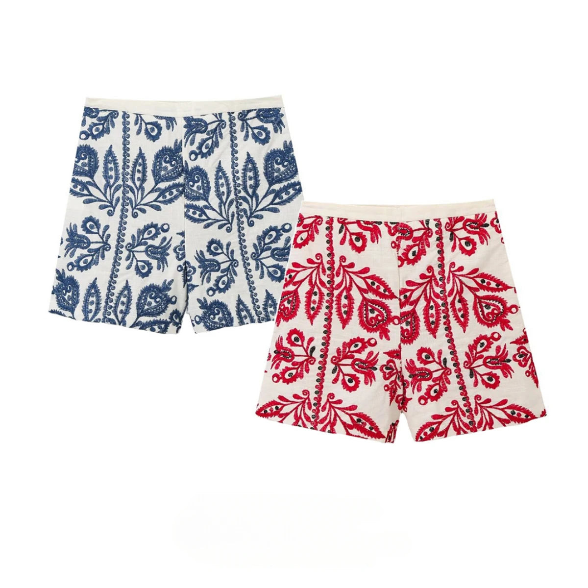 ZBZA Women's Flower Embroidered Shorts High Waist Side Zipper Non-elastic Casual Holiday Style A-line Shorts Summer Chic Shorts