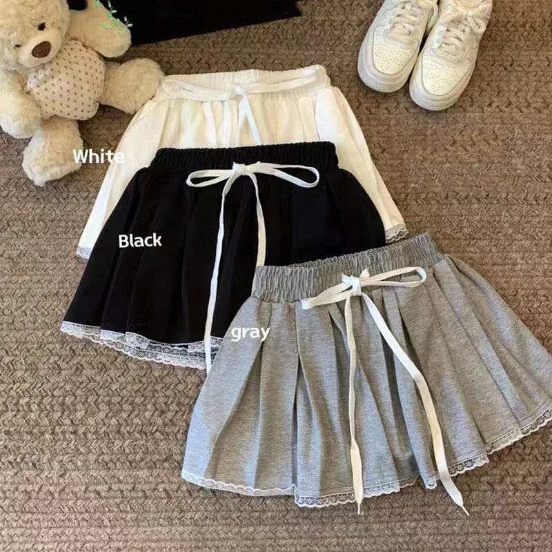 Lace Patchwork Pleated Skirt for Women Y2K Summer Fashion Preppy Drawstring Tutu Skirt Korean Sweet Lolita All Match Mini Skirts